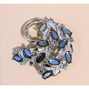 Sarah Coventry Silver Tone and Blue Marquise Rhinestone Leaf Brooch Pin Vintage